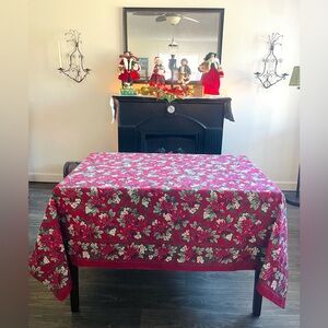 Vintage Christmas Tablecloth Poinsettias Burgandy Cotton 60x80